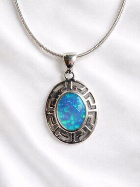 925 Sterling Silver Opal Pendant Necklace 18” Chain 1” Oval Southwest Greek Key